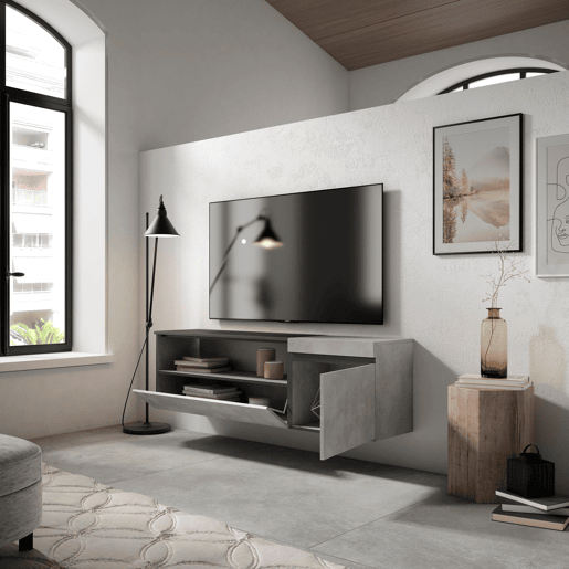 Móvel de TV, Muito espaço de arrumação, 150x35x45cm, Para televisores até 65, Suspensos, Estilo moderno, Cimento