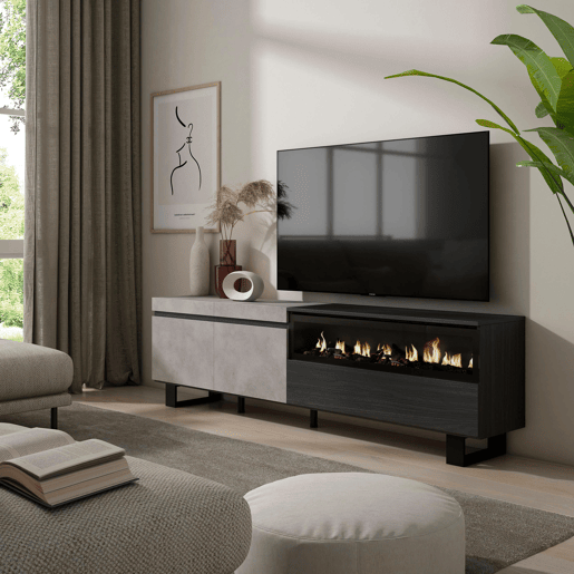 Móvel de TV, Muito espaço de arrumação, 200x35x57cm, Para televisores até 80, Lareira eléctrica, Design industrial, Estilo moderno, Cimento Móvel de TV, Muito espaço de arrumação, 200x35x57cm, Para televisores até 80, Lareira eléctrica, Design industrial, Estilo moderno, Cimento