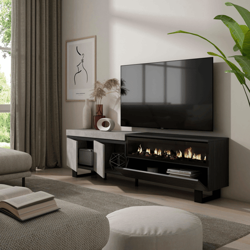 Móvel de TV, Muito espaço de arrumação, 200x35x57cm, Para televisores até 80, Lareira eléctrica, Design industrial, Estilo moderno, Cimento Móvel de TV, Muito espaço de arrumação, 200x35x57cm, Para televisores até 80, Lareira eléctrica, Design industrial, Estilo moderno, Cimento