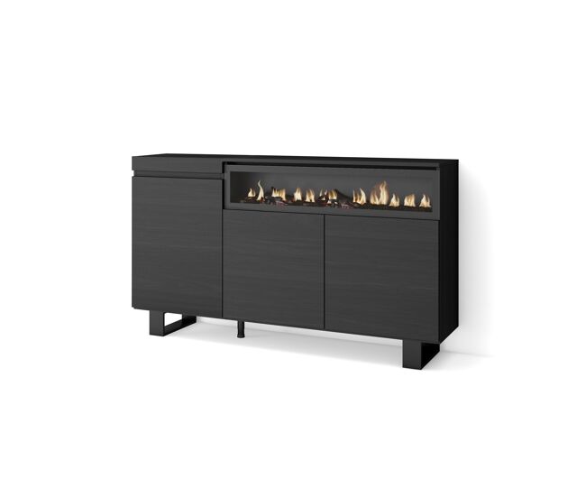 Aparador para salón, gran capacidad de almacenaje, 150x35x87cm, 3 puertas, chimenea eléctrica, diseño industrial, estilo moderno, negro