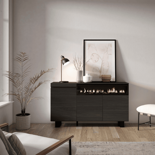 Aparador sala de jantar, Sala, Cozinha, Entrada, TV, 150x35x87cm, 3 Portas, Lareira eléctrica, Design industrial, Estilo moderno, Preto Aparador sala de jantar, Sala, Cozinha, Entrada, TV, 150x35x87cm, 3 Portas, Lareira eléctrica, Design industrial, Estilo moderno, Preto