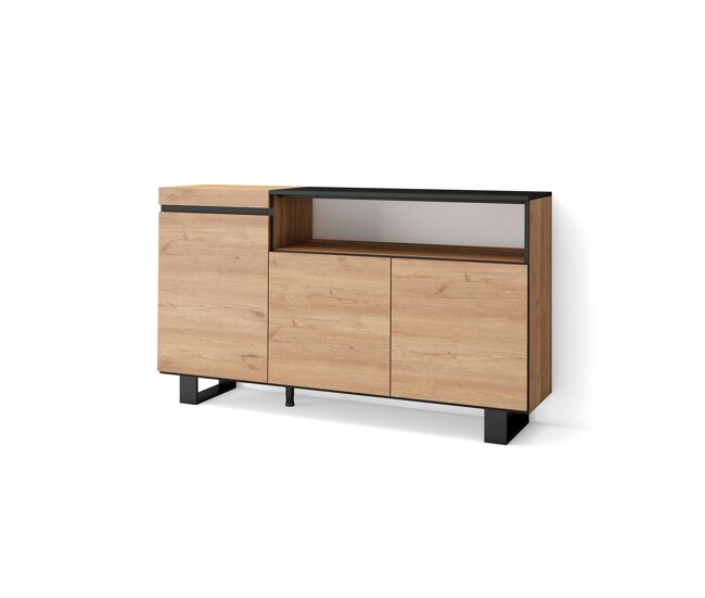 Aparador para salón, gran capacidad de almacenaje, 150x35x87cm, 3 puertas, diseño industrial, estilo moderno, roble y negro