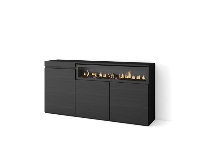 Aparador para salón, gran capacidad de almacenaje, 150x35x75cm, 3 puertas, chimenea eléctrica, estilo moderno, negro