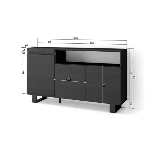 Aparador sala de jantar, Sala, Cozinha, Entrada, TV, 150x35x87cm, 3 Portas, Design industrial, Estilo moderno, Preto