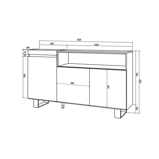 Aparador sala de jantar, Sala, Cozinha, Entrada, TV, 150x35x87cm, 3 Portas, Design industrial, Estilo moderno, Preto