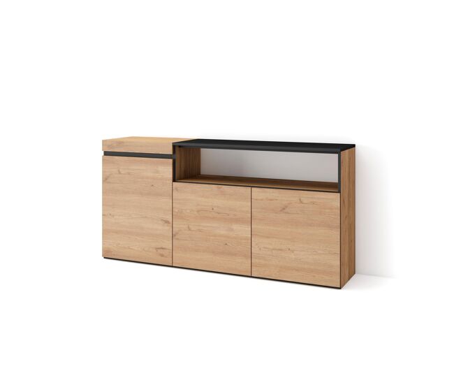 Aparador para salón, gran capacidad de almacenaje, 150x35x75cm, 3 puertas, armario, zapatero, estilo moderno, roble y negro