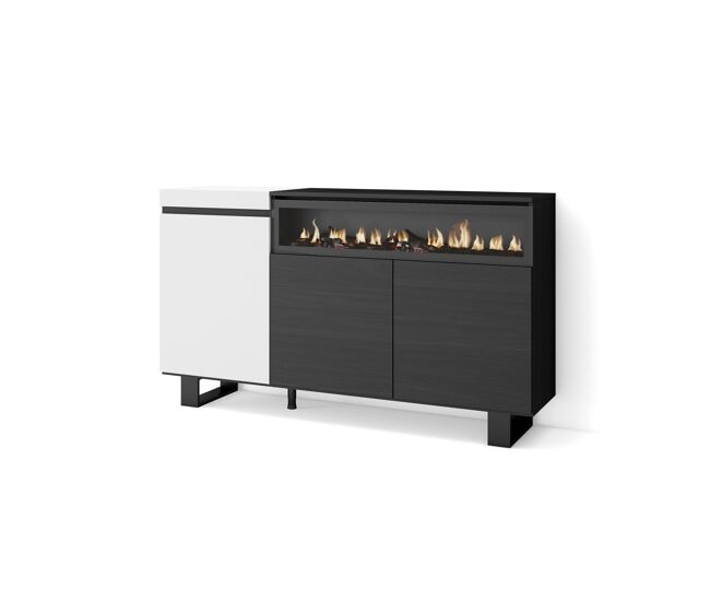 Aparador para salón, gran capacidad de almacenaje, 150x35x87cm, 3 puertas, chimenea eléctrica, diseño industrial, estilo moderno, blanco y negro