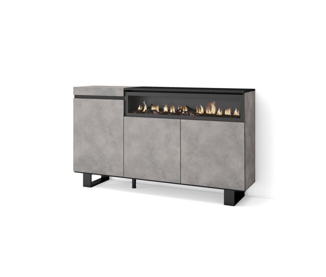 Aparador para salón, gran capacidad de almacenaje, 150x35x87cm, 3 puertas, chimenea eléctrica, diseño industrial, estilo moderno, cemento