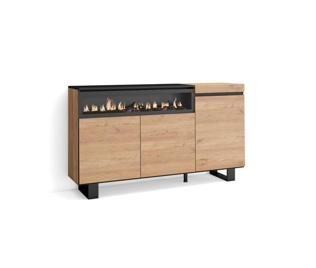 Aparador para salón, gran capacidad de almacenaje, 150x35x87cm, 3 puertas, chimenea eléctrica, diseño industrial, estilo moderno, roble y negro