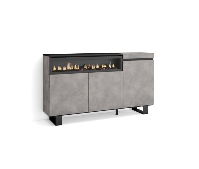 Aparador para salón, gran capacidad de almacenaje, 150x35x87cm, 3 puertas, chimenea eléctrica, diseño industrial, estilo moderno, cemento