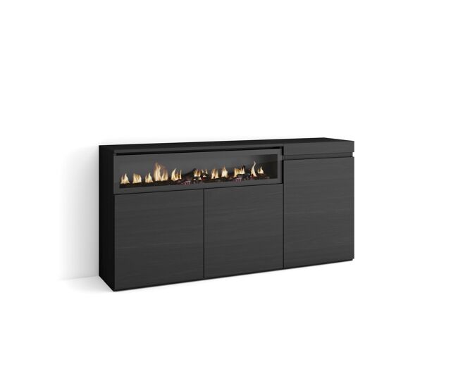 Aparador para salón, gran capacidad de almacenaje, 150x35x75cm, 3 puertas, chimenea eléctrica, estilo moderno, negro