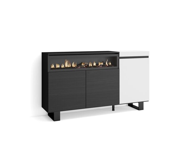 Aparador para salón, gran capacidad de almacenaje, 150x35x87cm, 3 puertas, chimenea eléctrica, diseño industrial, estilo moderno, blanco y negro