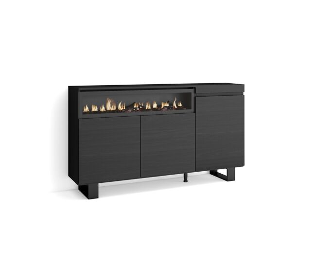 Aparador para salón, gran capacidad de almacenaje, 150x35x87cm, 3 puertas, chimenea eléctrica, diseño industrial, estilo moderno, negro
