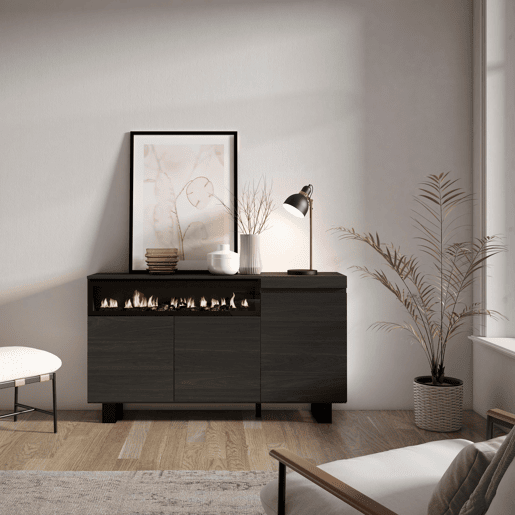 Aparador sala de jantar, Sala, Cozinha, Entrada, TV, 150x35x87cm, 3 Portas, Lareira eléctrica, Design industrial, Estilo moderno, Preto Aparador sala de jantar, Sala, Cozinha, Entrada, TV, 150x35x87cm, 3 Portas, Lareira eléctrica, Design industrial, Estilo moderno, Preto