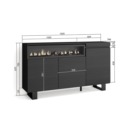 Aparador sala de jantar, Sala, Cozinha, Entrada, TV, 150x35x87cm, 3 Portas, Lareira eléctrica, Design industrial, Estilo moderno, Preto Aparador sala de jantar, Sala, Cozinha, Entrada, TV, 150x35x87cm, 3 Portas, Lareira eléctrica, Design industrial, Estilo moderno, Preto
