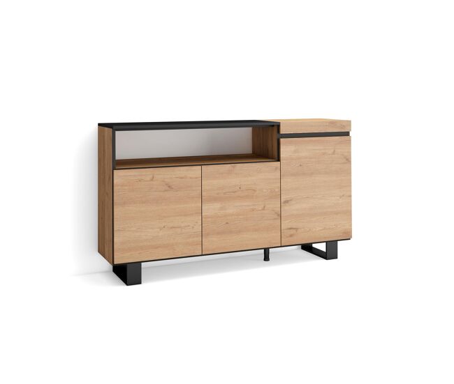 Aparador para salón, gran capacidad de almacenaje, 150x35x87cm, 3 puertas, diseño industrial, estilo moderno, roble y negro
