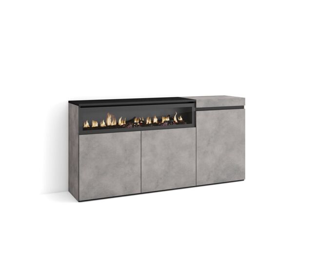 Aparador para salón, gran capacidad de almacenaje, 150x35x75cm, 3 puertas, chimenea eléctrica, estilo moderno, cemento