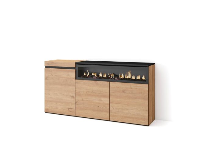 Aparador para salón, gran capacidad de almacenaje, 150x35x75cm, 3 puertas, chimenea eléctrica, estilo moderno, roble y negro