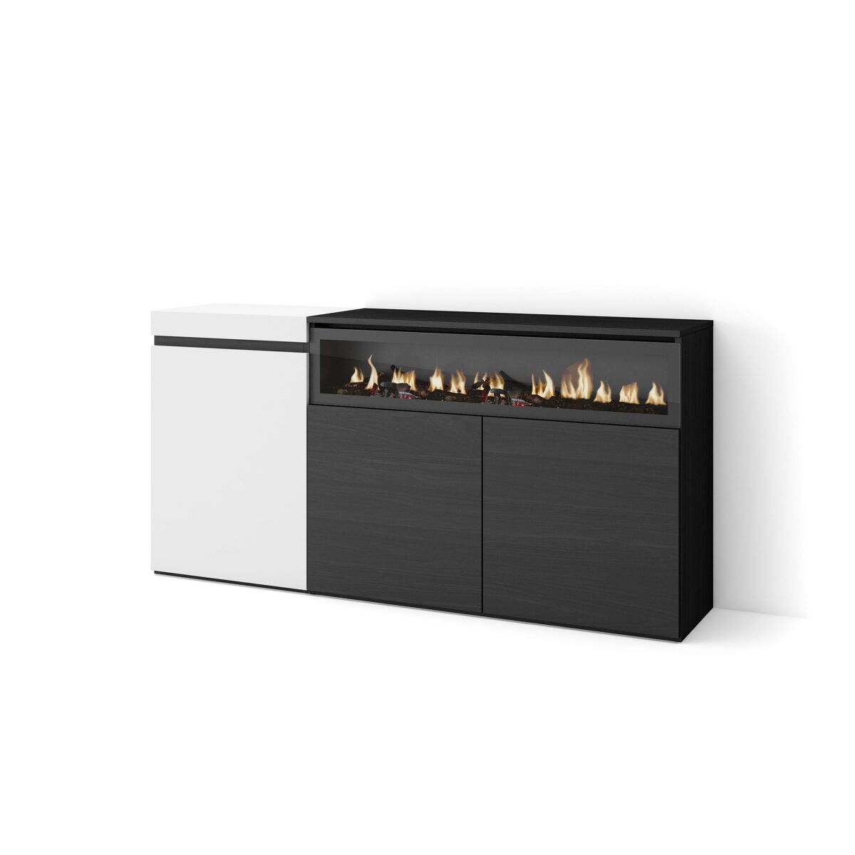 Aparador para salón, gran capacidad de almacenaje, 150x35x75cm, 3 puertas, chimenea eléctrica, estilo moderno, blanco y negro