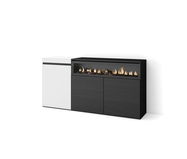 Aparador para salón, gran capacidad de almacenaje, 150x35x75cm, 3 puertas, chimenea eléctrica, estilo moderno, blanco y negro