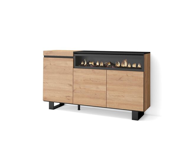 Aparador para salón, gran capacidad de almacenaje, 150x35x87cm, 3 puertas, chimenea eléctrica, diseño industrial, estilo moderno, roble y negro