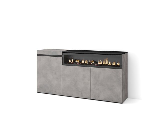 Aparador para salón, gran capacidad de almacenaje, 150x35x75cm, 3 puertas, chimenea eléctrica, estilo moderno, cemento