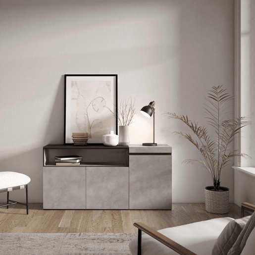Aparador sala de jantar, Sala, Cozinha, Entrada, TV, 150x35x75cm, 3 Portas, Armário arrumação, Estilo moderno, Cimento