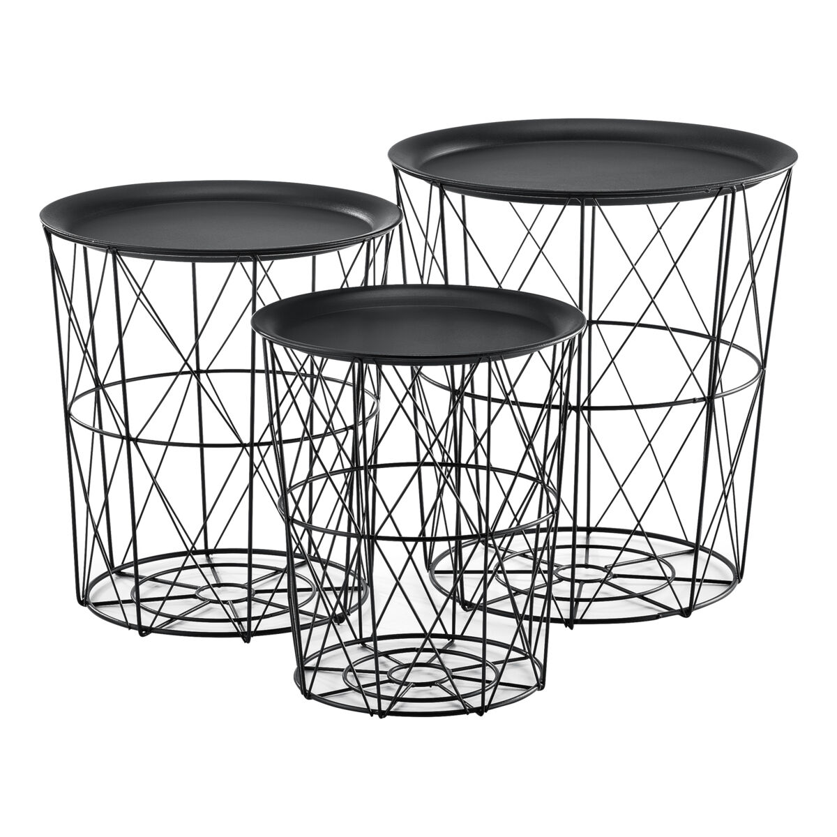 Set de 3x cestas worcester de metal con bandejas extraíbles - mesa baja en diferentes medidas - negro [en.casa]