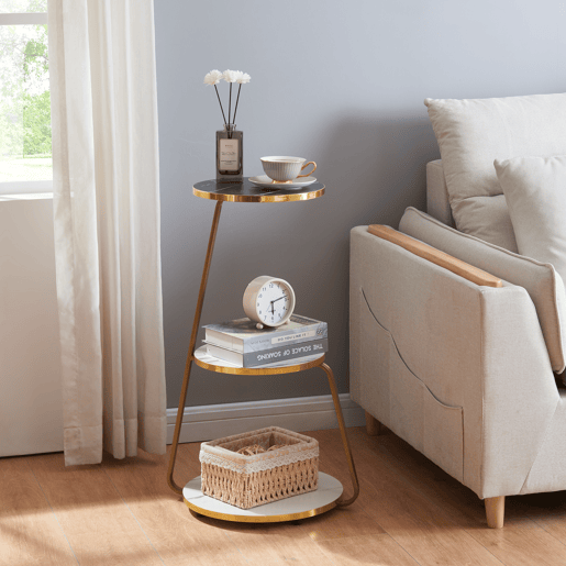 Mesa de apoio Sipoo 3 níveis metalaglomerado 74x46x37 cm mármore branco  mármore preto en.casa