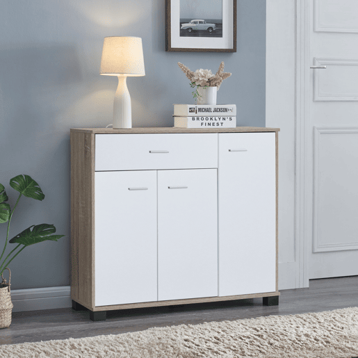 Apatador Bobeck com gaveta e dois compartimentos fechados em aglomerado de madeira 72 x 80 x 28 cm - Efeito carvalho  Branco en.casa