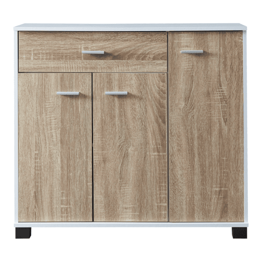 Apatador Bobeck com gaveta e dois compartimentos fechados em aglomerado 72 x 80 x 28 cm - Branco  Efeito carvalho en.casa
