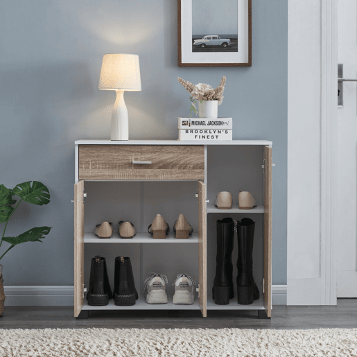 Apatador Bobeck com gaveta e dois compartimentos fechados em aglomerado 72 x 80 x 28 cm - Branco  Efeito carvalho en.casa