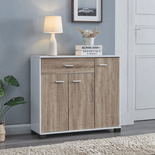 Apatador Bobeck com gaveta e dois compartimentos fechados em aglomerado 72 x 80 x 28 cm - Branco  Efeito carvalho en.casa