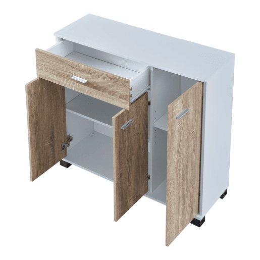 Apatador Bobeck com gaveta e dois compartimentos fechados em aglomerado 72 x 80 x 28 cm - Branco  Efeito carvalho en.casa