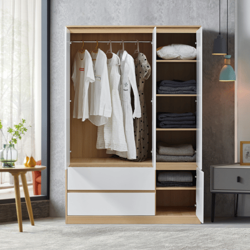 Roupeiro Bastheim (4 portas, 1 calha, 6 compartimentos, 2 gavetas) MDF 176 x 120 x 52 cm - Efeito carvalho e branco en.casa