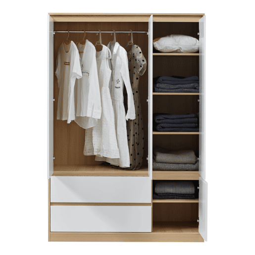 Roupeiro Bastheim (4 portas, 1 calha, 6 compartimentos, 2 gavetas) MDF 176 x 120 x 52 cm - Efeito carvalho e branco en.casa