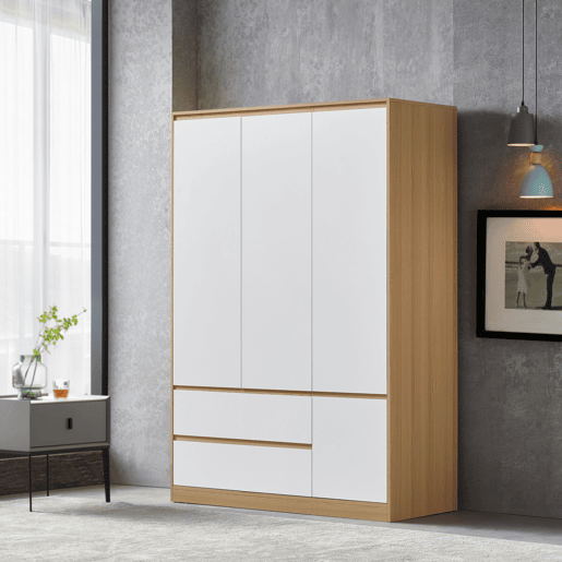 Roupeiro Bastheim (4 portas, 1 calha, 6 compartimentos, 2 gavetas) MDF 176 x 120 x 52 cm - Efeito carvalho e branco en.casa
