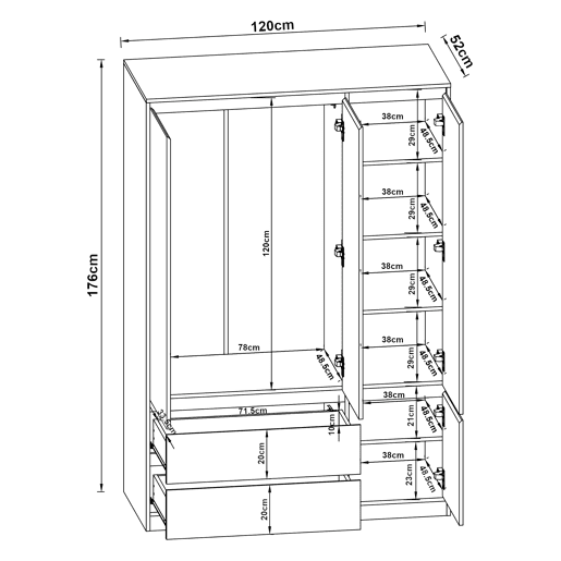 Roupeiro Bastheim (4 portas, 1 calha, 6 compartimentos, 2 gavetas) MDF 176 x 120 x 52 cm - Efeito carvalho e branco en.casa