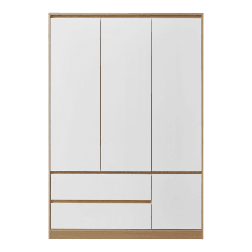 Roupeiro Bastheim (4 portas, 1 calha, 6 compartimentos, 2 gavetas) MDF 176 x 120 x 52 cm - Efeito carvalho e branco en.casa