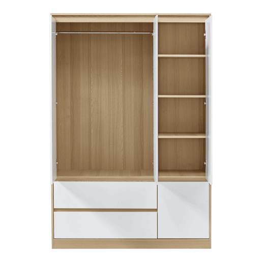 Roupeiro Bastheim (4 portas, 1 calha, 6 compartimentos, 2 gavetas) MDF 176 x 120 x 52 cm - Efeito carvalho e branco en.casa