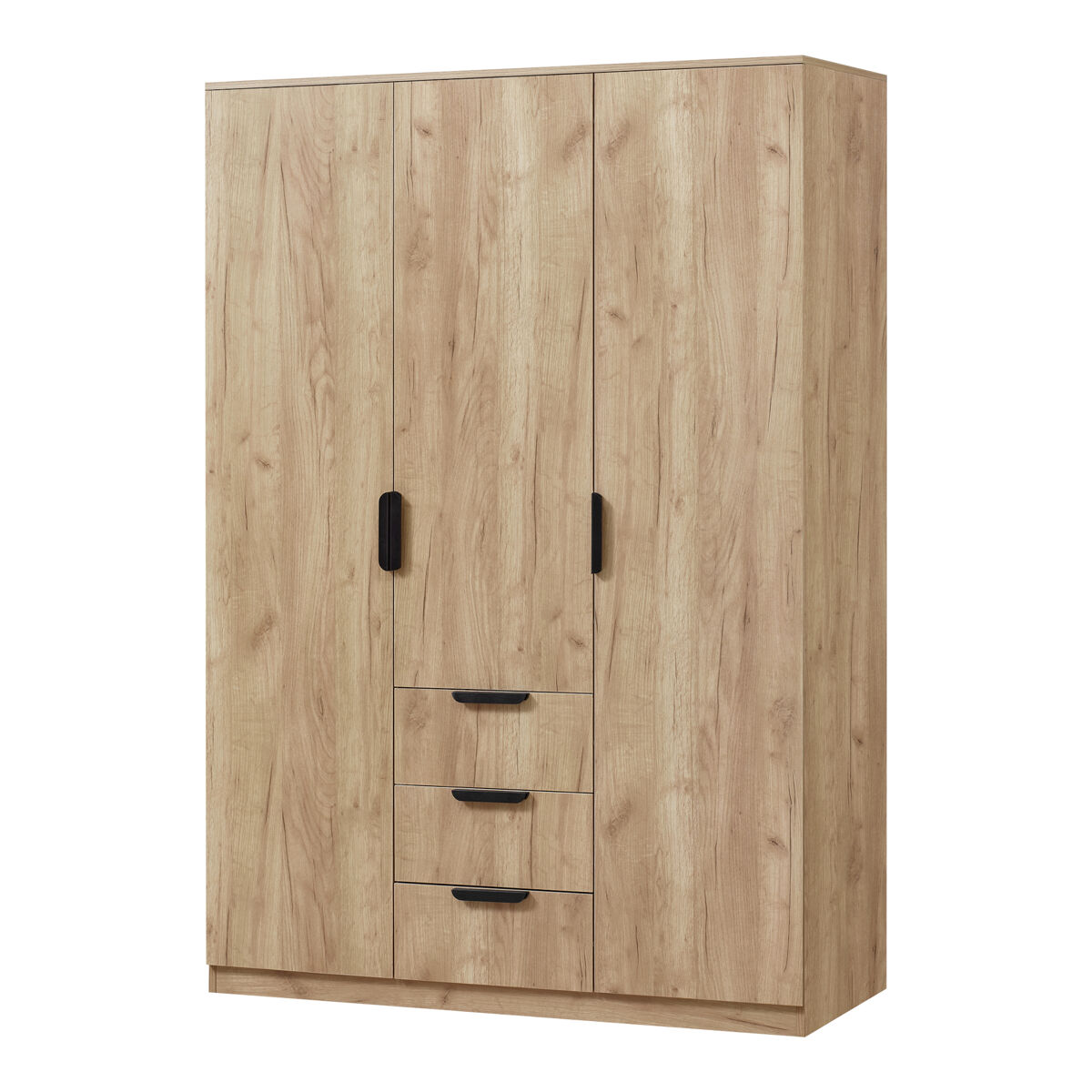 Armario ropero eiselfing (3 puertas 2 percheros 4 compartimentos 3 cajones) mdf 176 x 120 x 52 cm - efecto roble [en.casa]