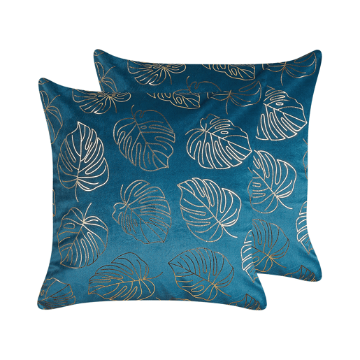 Conjunto de 2 almofadas decorativas DELICIOSA Veludo 45 x 45 cm Azul Padrão de plantas