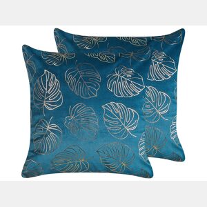 Conjunto de 2 almofadas decorativas DELICIOSA Veludo 45 x 45 cm Azul Padrão de plantas