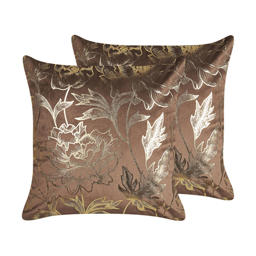 Conjunto de 2 almofadas decorativas DAFFODIL Veludo 45 x 45 cm Castanho Padrão floral Conjunto de 2 almofadas decorativas DAFFODIL Veludo 45 x 45 cm Castanho Padrão floral
