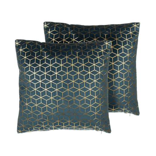 Conjunto de 2 almofadas decorativas CELOSIA Veludo 45 x 45 cm Azul esverdeado Padrão geométrico
