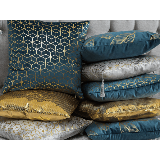 Conjunto de 2 almofadas decorativas CELOSIA Veludo 45 x 45 cm Azul esverdeado Padrão geométrico