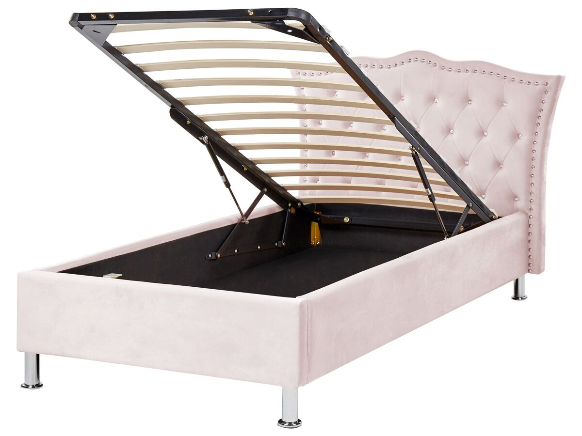 Beliani Cama con almacenaje Terciopelo METZ 126x217 Rosa Talco