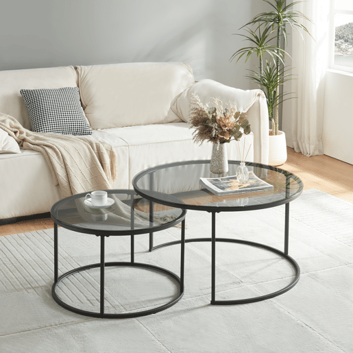 Conjunto de 2 mesas de centro Kokkola MetalVidro fumado temperado Ø80x45 cm - Preto Transparente en.casa