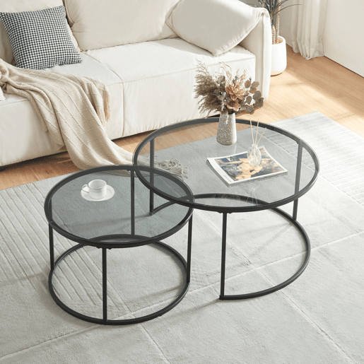 Conjunto de 2 mesas de centro Kokkola MetalVidro fumado temperado Ø80x45 cm - Preto Transparente en.casa
