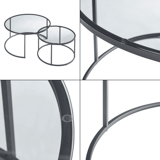 Conjunto de 2 mesas de centro Kokkola MetalVidro fumado temperado Ø80x45 cm - Preto Transparente en.casa